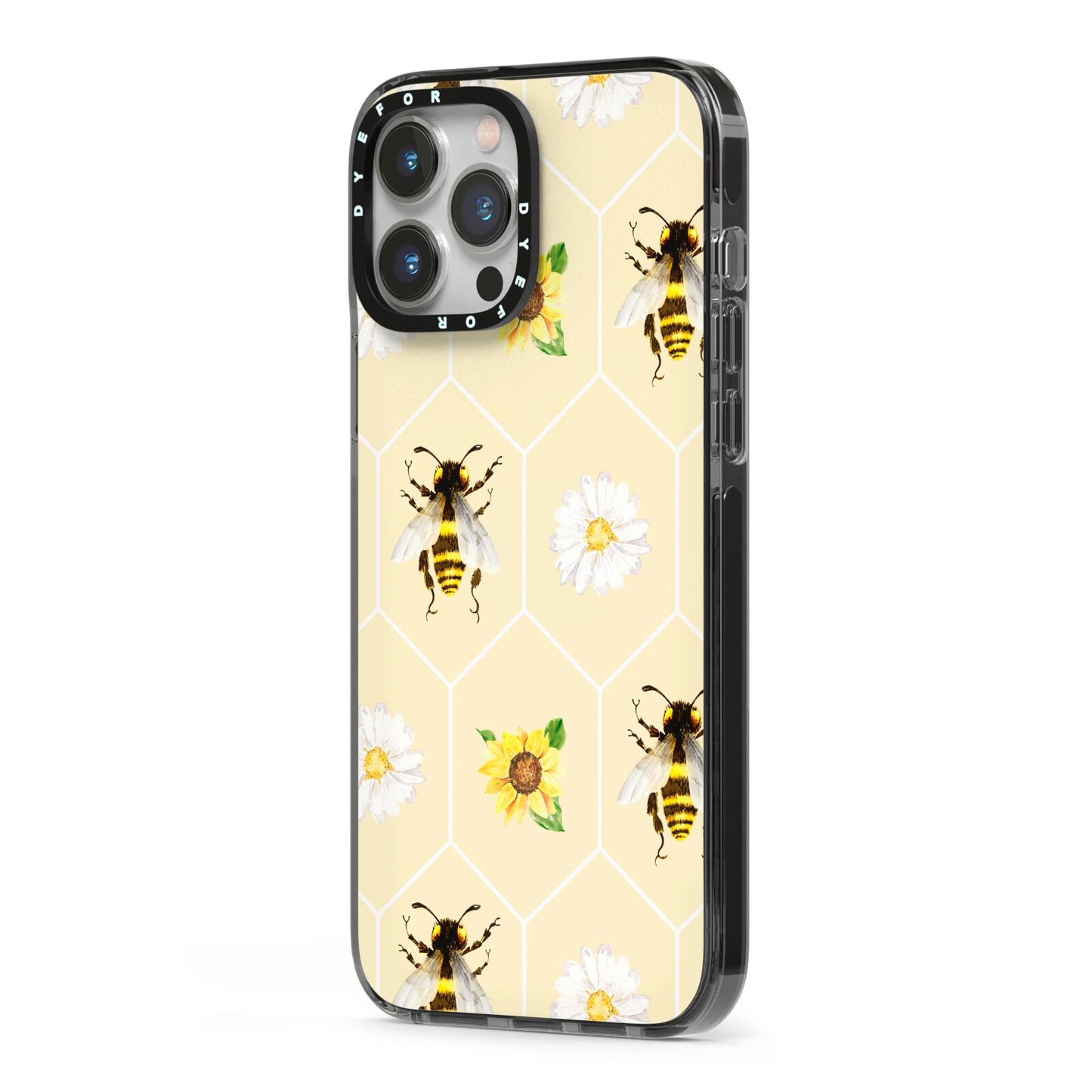 Daisies Bees and Sunflowers iPhone 13 Pro Max Black Impact Case Side Angle on Silver phone