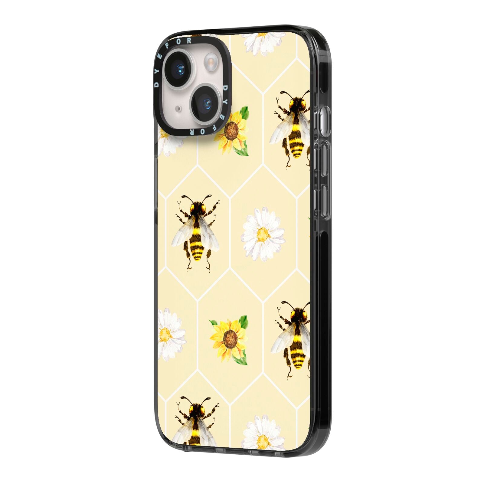 Daisies Bees and Sunflowers iPhone 14 Black Impact Case Side Angle on Silver phone