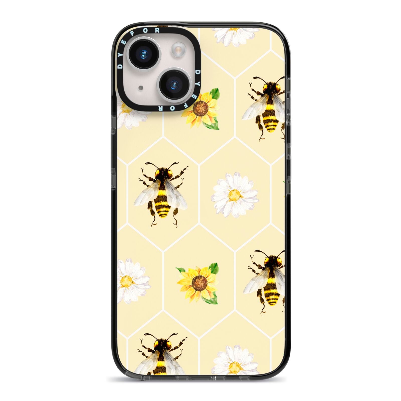 Daisies Bees and Sunflowers iPhone 14 Black Impact Case on Silver phone