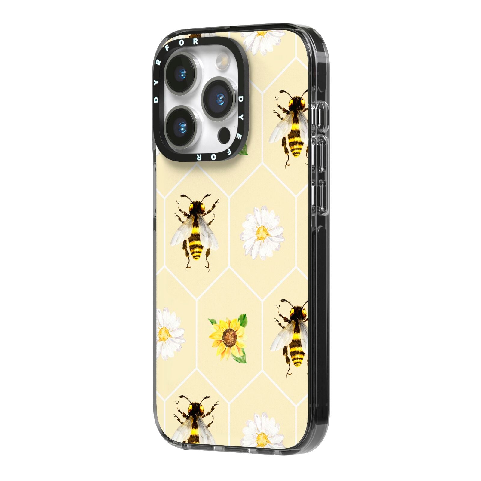 Daisies Bees and Sunflowers iPhone 14 Pro Black Impact Case Side Angle on Silver phone