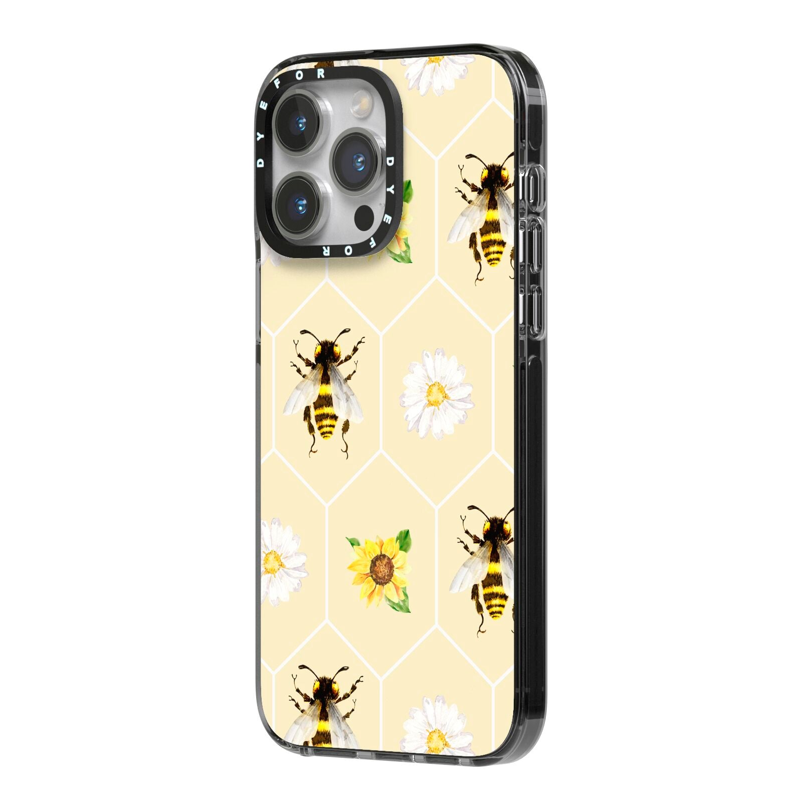 Daisies Bees and Sunflowers iPhone 14 Pro Max Black Impact Case Side Angle on Silver phone