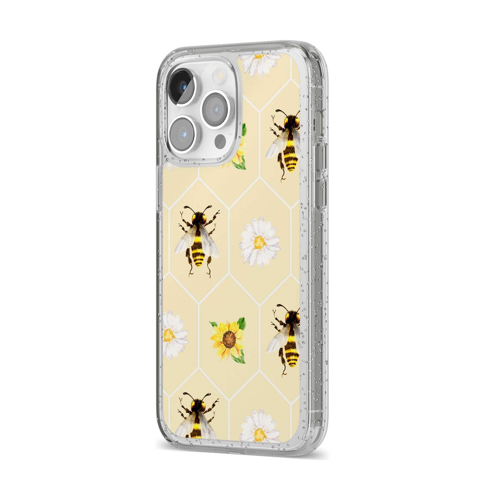 Daisies Bees and Sunflowers iPhone 14 Pro Max Glitter Tough Case Silver Angled Image