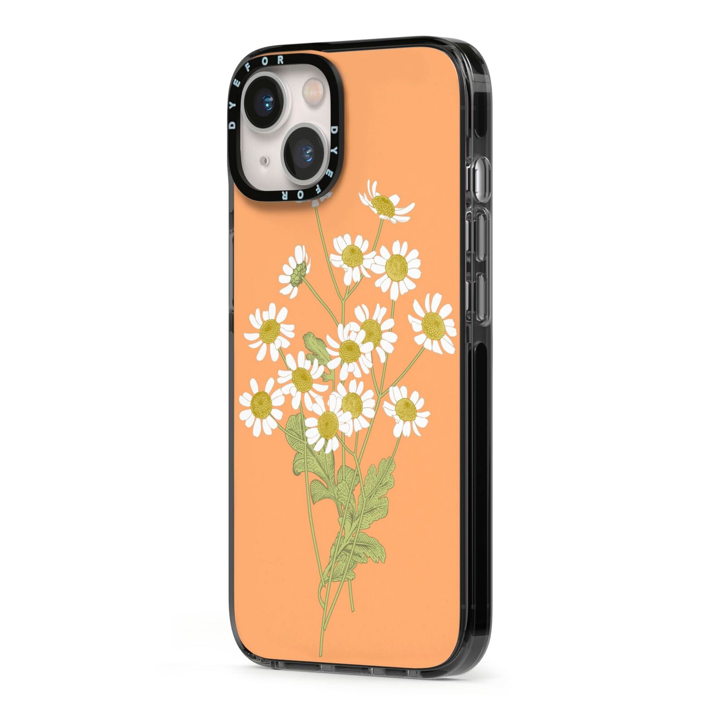 Daisies iPhone 13 Black Impact Case Side Angle on Silver phone