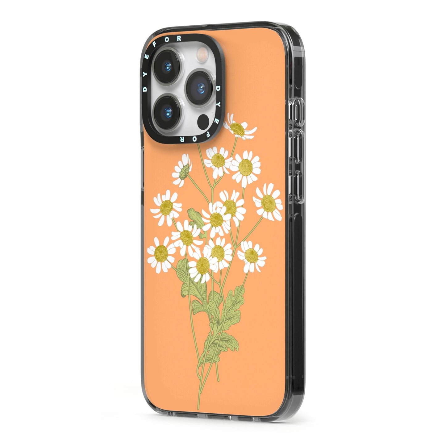 Daisies iPhone 13 Pro Black Impact Case Side Angle on Silver phone