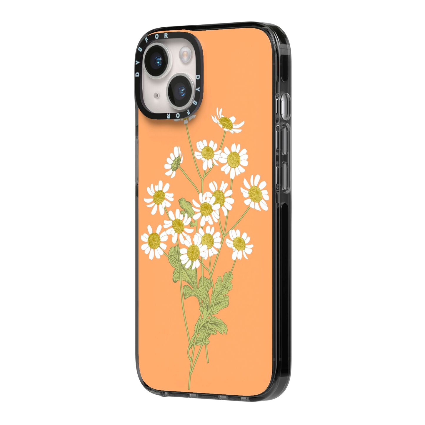 Daisies iPhone 14 Black Impact Case Side Angle on Silver phone