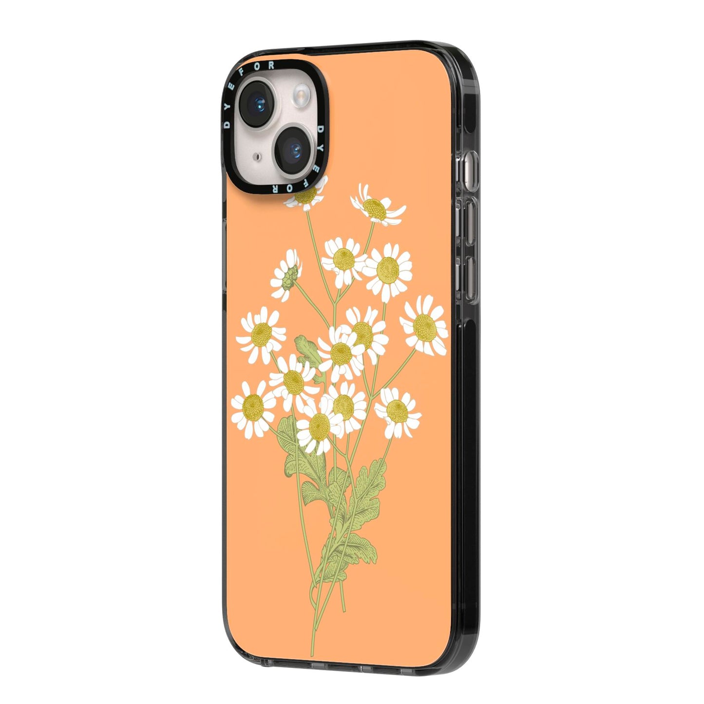 Daisies iPhone 14 Plus Black Impact Case Side Angle on Silver phone
