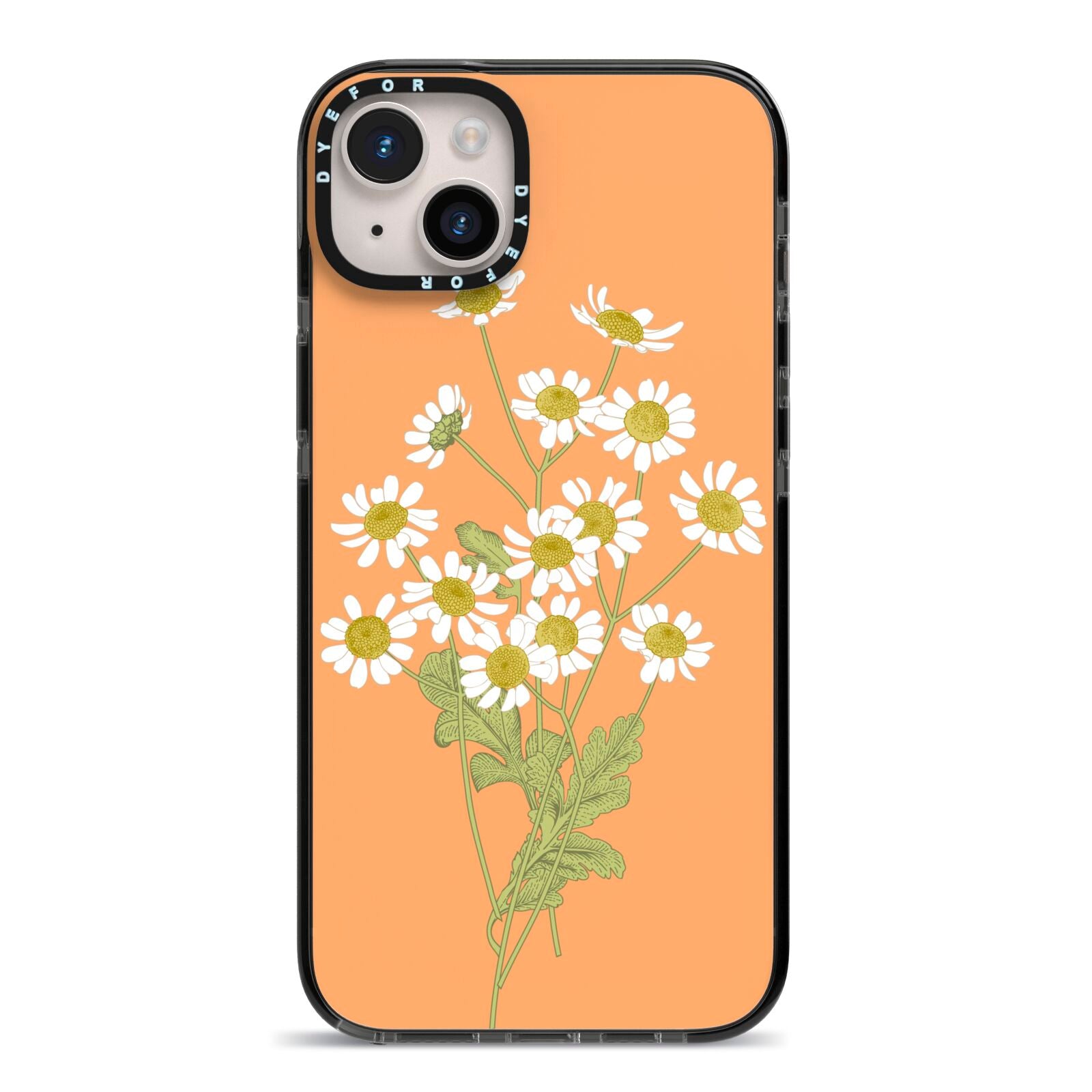 Daisies iPhone 14 Plus Black Impact Case on Silver phone