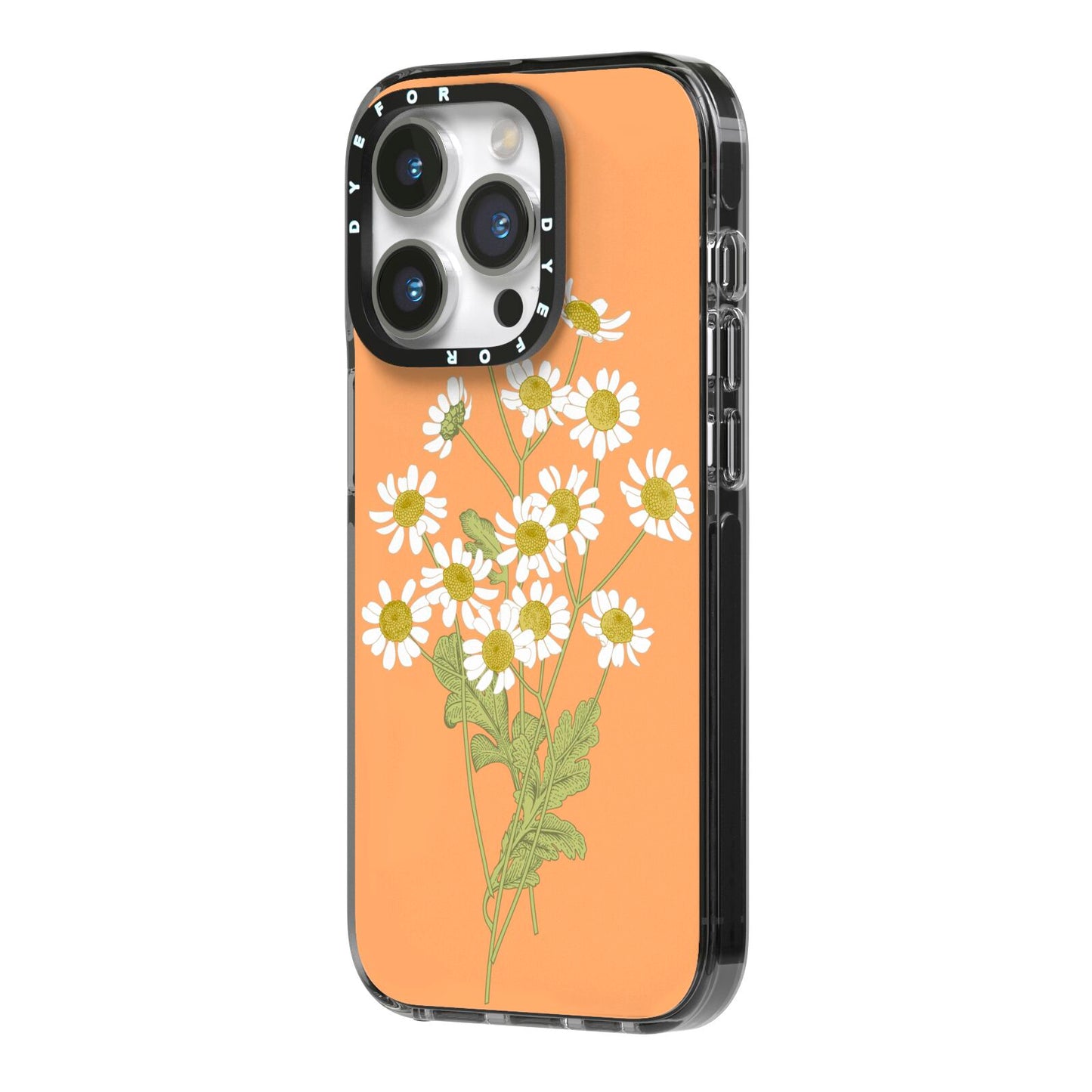 Daisies iPhone 14 Pro Black Impact Case Side Angle on Silver phone