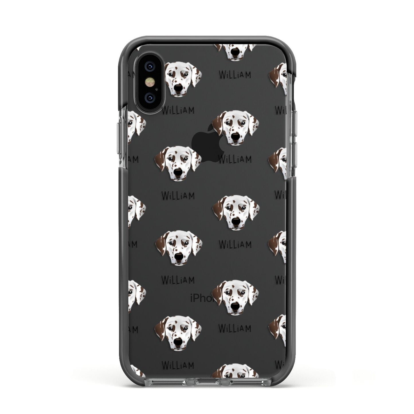 Dalmatian Icon with Name Apple iPhone Xs Impact Case Black Edge on Black Phone