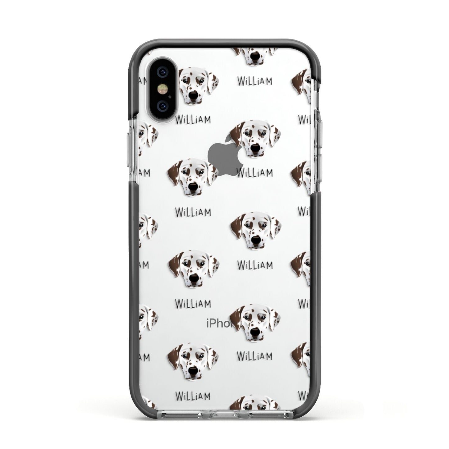 Dalmatian Icon with Name Apple iPhone Xs Impact Case Black Edge on Silver Phone