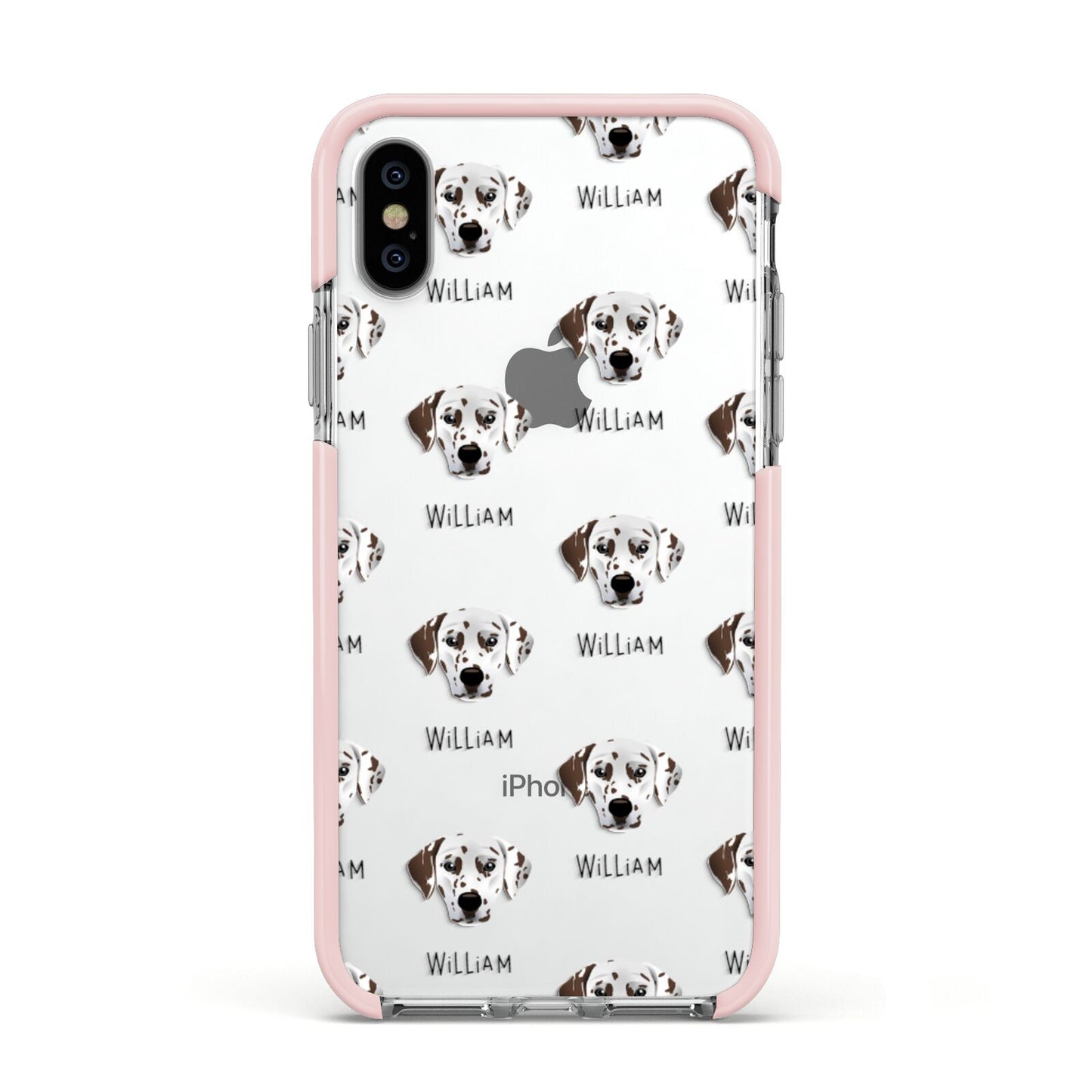 Dalmatian Icon with Name Apple iPhone Xs Impact Case Pink Edge on Silver Phone