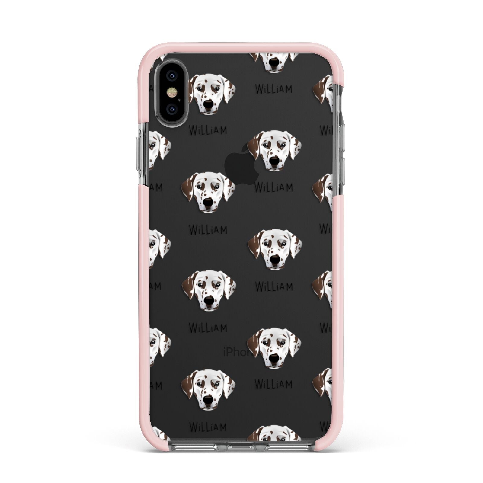 Dalmatian Icon with Name Apple iPhone Xs Max Impact Case Pink Edge on Black Phone
