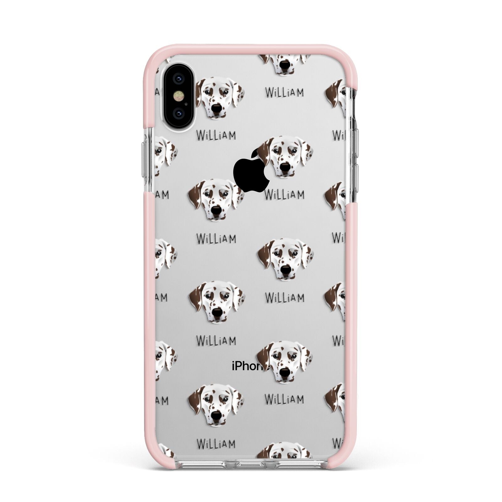 Dalmatian Icon with Name Apple iPhone Xs Max Impact Case Pink Edge on Silver Phone