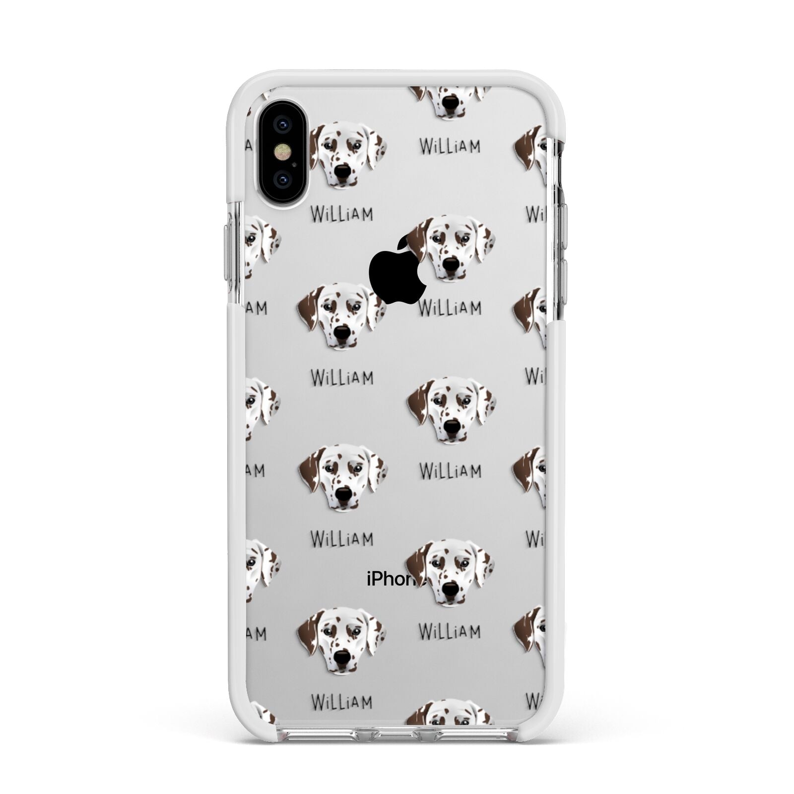 Dalmatian Icon with Name Apple iPhone Xs Max Impact Case White Edge on Silver Phone