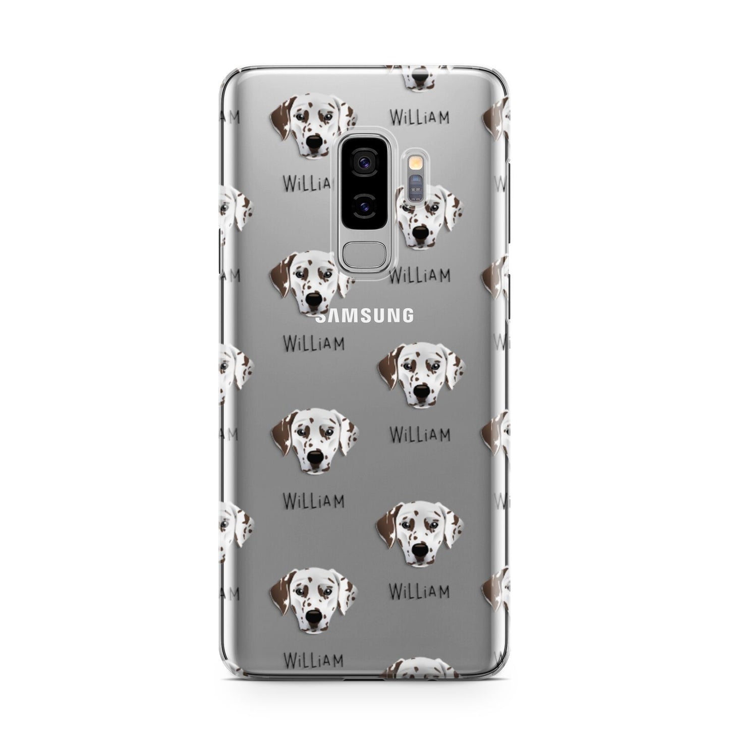 Dalmatian Icon with Name Samsung Galaxy S9 Plus Case on Silver phone