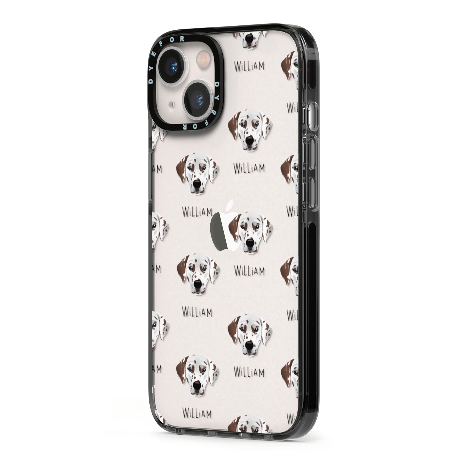 Dalmatian Icon with Name iPhone 13 Black Impact Case Side Angle on Silver phone