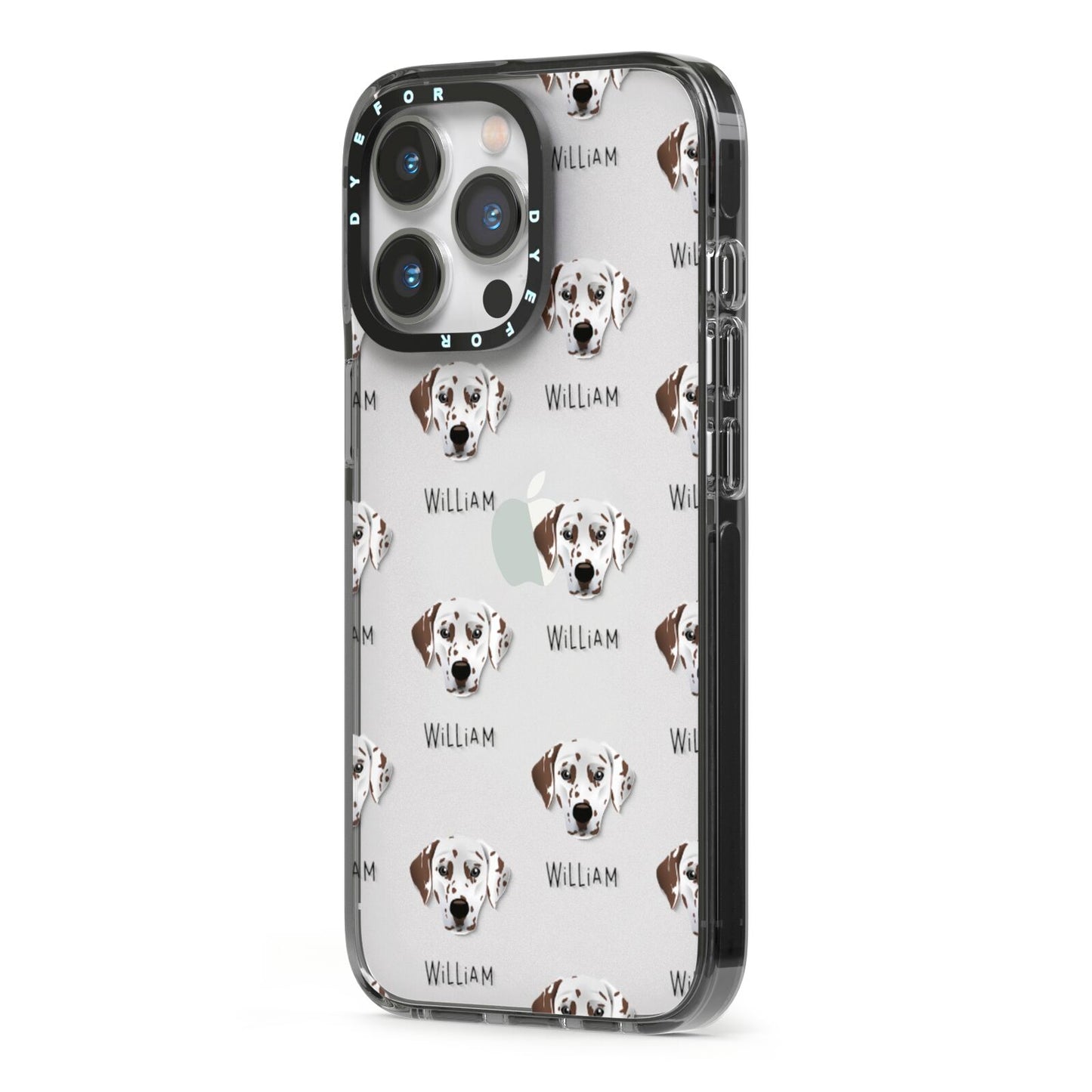 Dalmatian Icon with Name iPhone 13 Pro Black Impact Case Side Angle on Silver phone