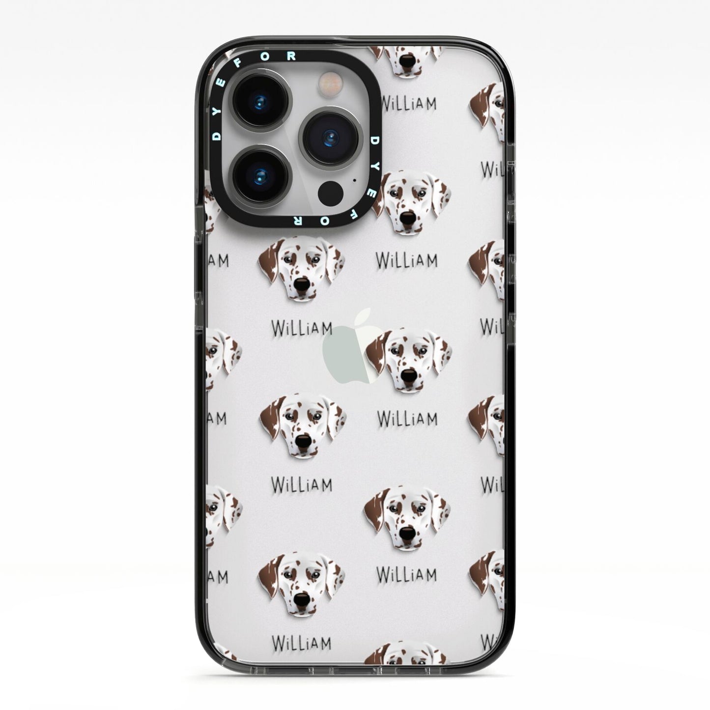 Dalmatian Icon with Name iPhone 13 Pro Black Impact Case on Silver phone