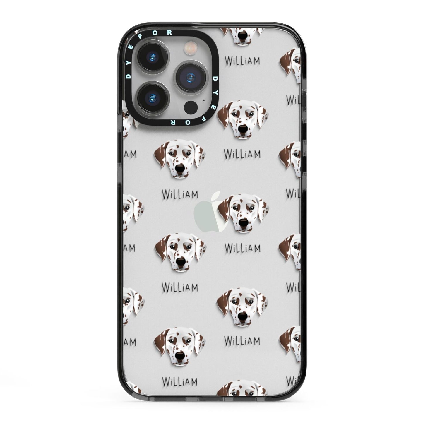 Dalmatian Icon with Name iPhone 13 Pro Max Black Impact Case on Silver phone