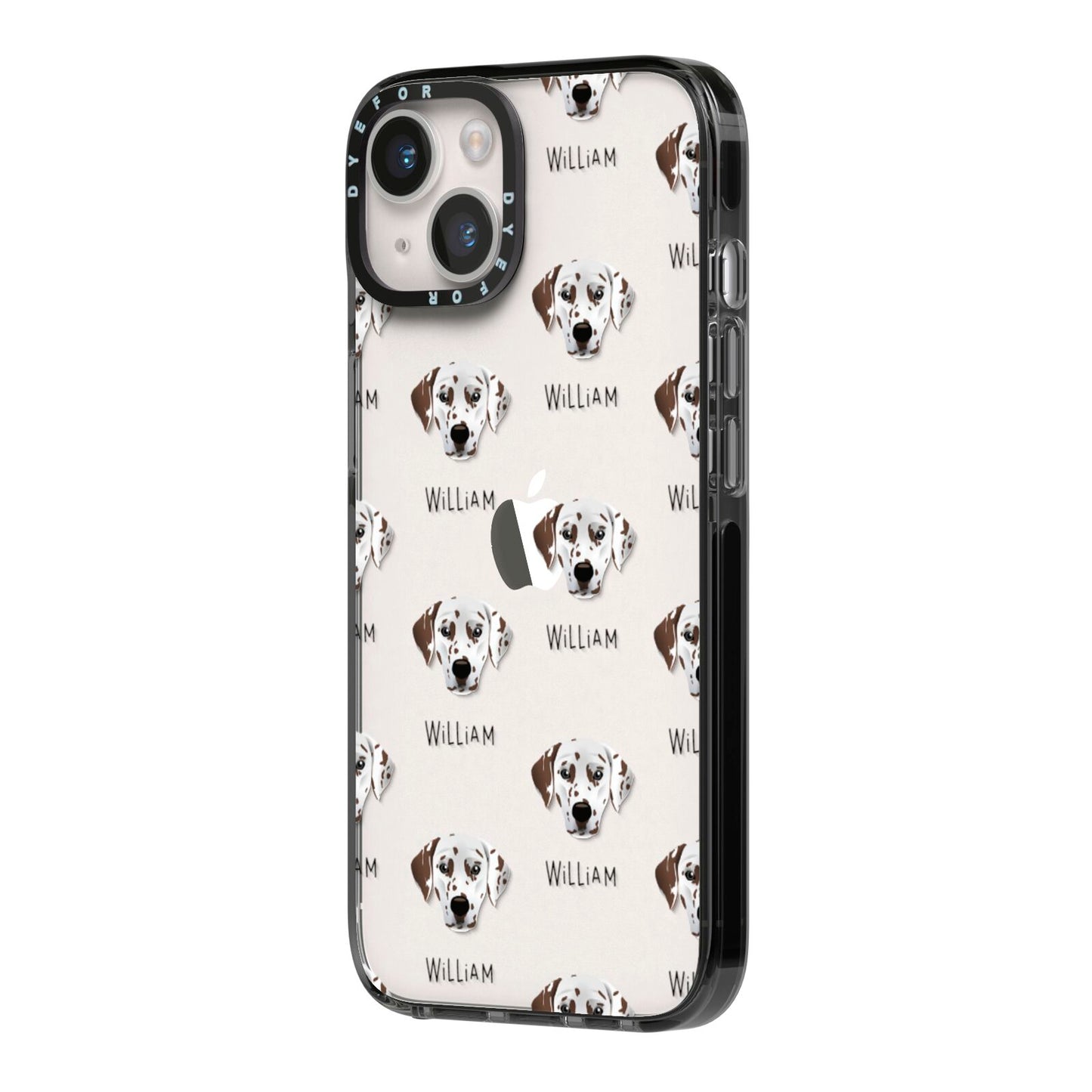 Dalmatian Icon with Name iPhone 14 Black Impact Case Side Angle on Silver phone