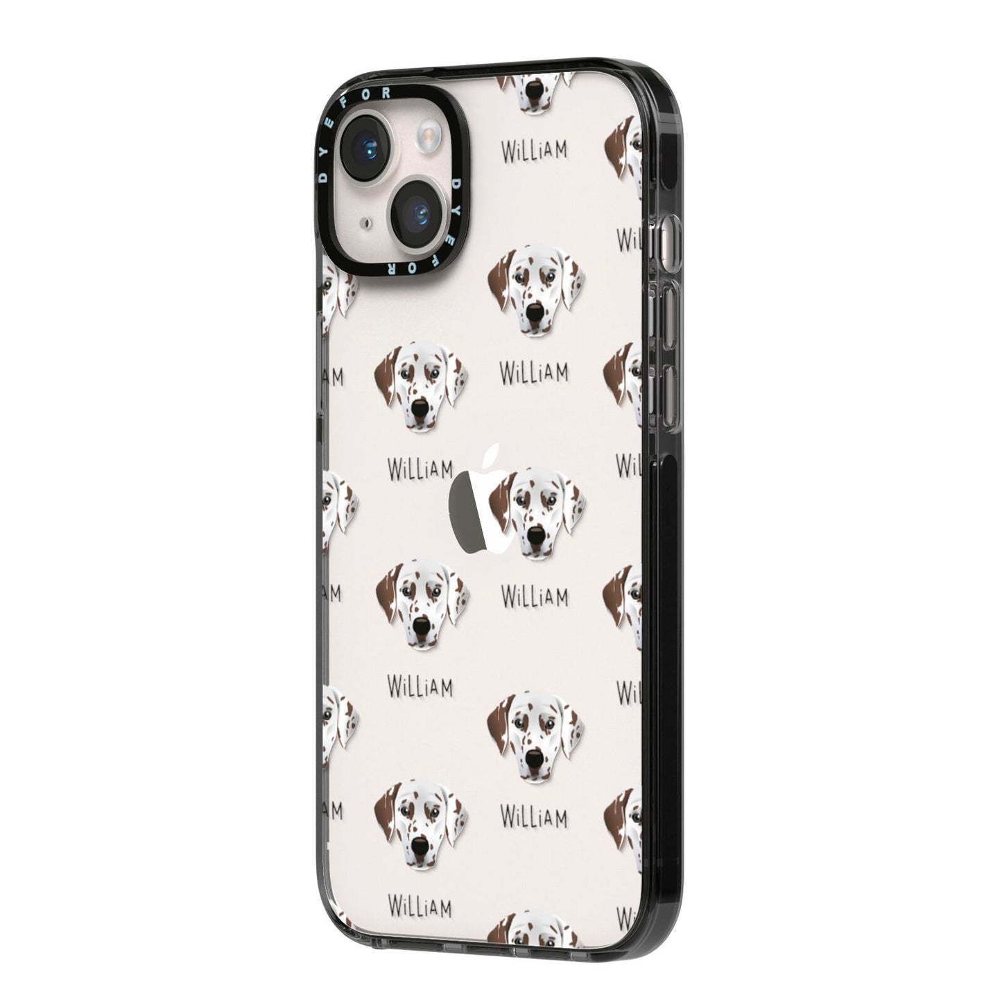 Dalmatian Icon with Name iPhone 14 Plus Black Impact Case Side Angle on Silver phone