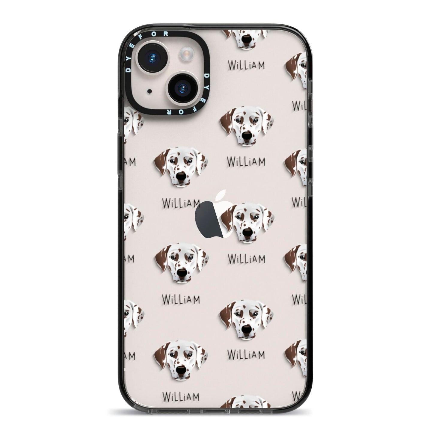 Dalmatian Icon with Name iPhone 14 Plus Black Impact Case on Silver phone