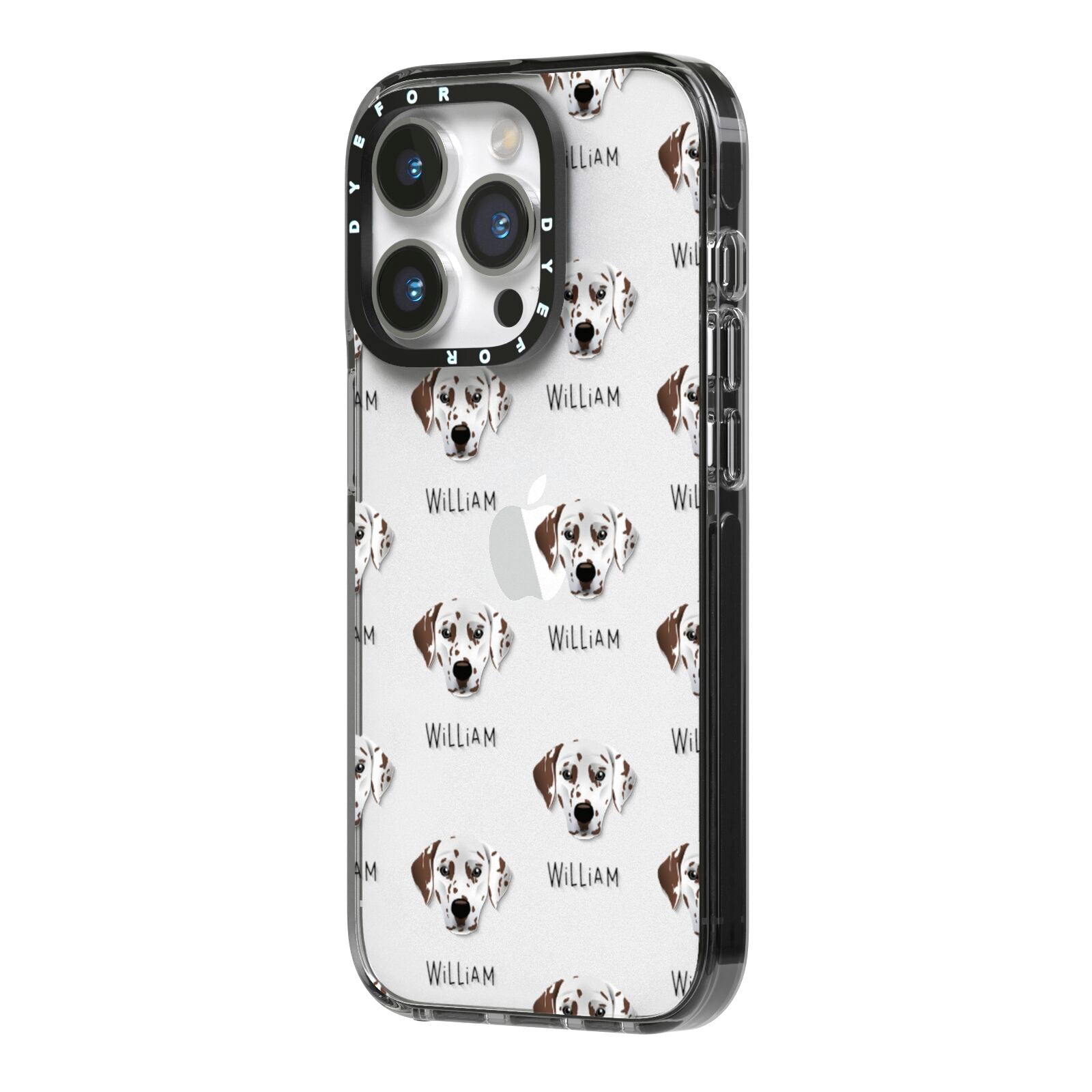 Dalmatian Icon with Name iPhone 14 Pro Black Impact Case Side Angle on Silver phone