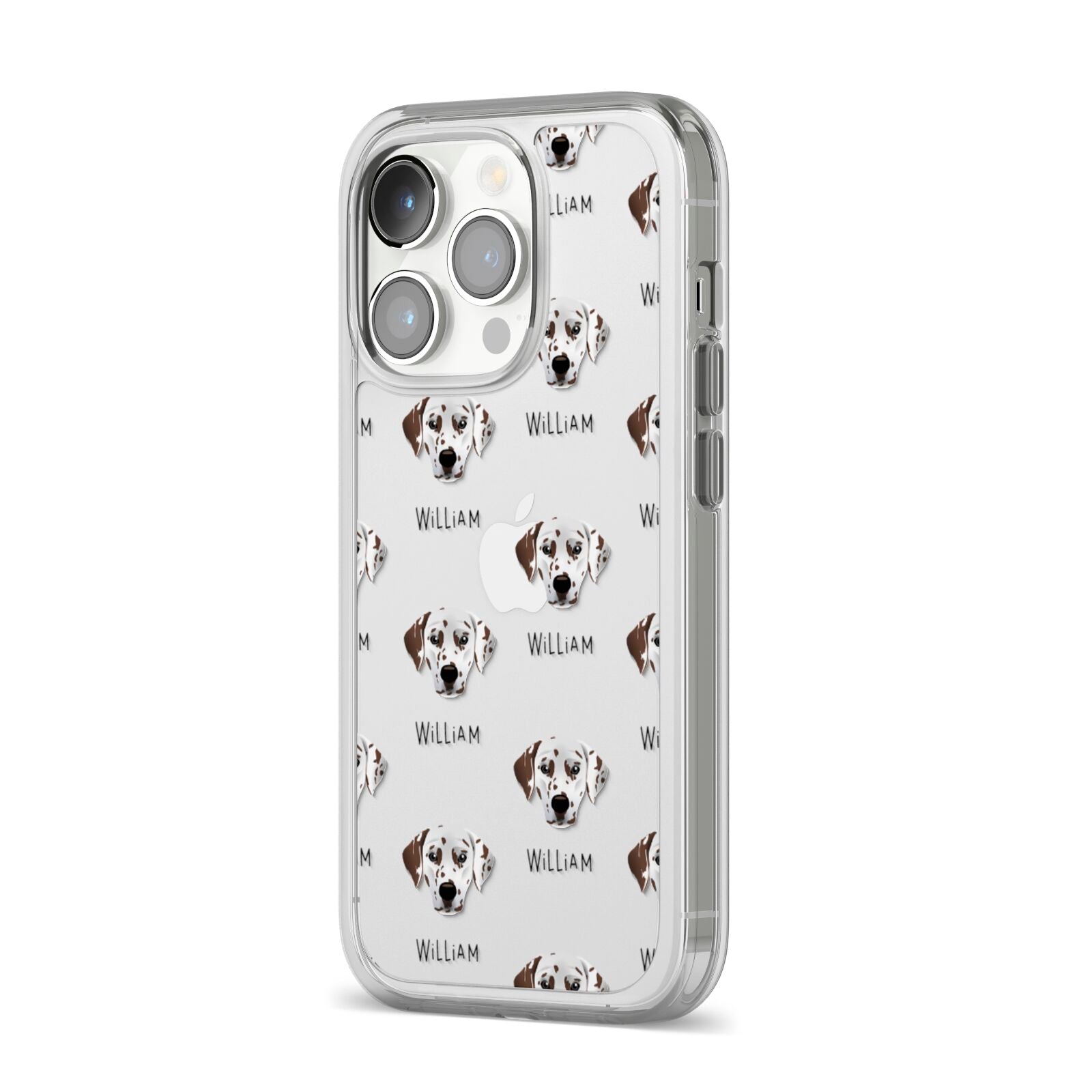 Dalmatian Icon with Name iPhone 14 Pro Clear Tough Case Silver Angled Image
