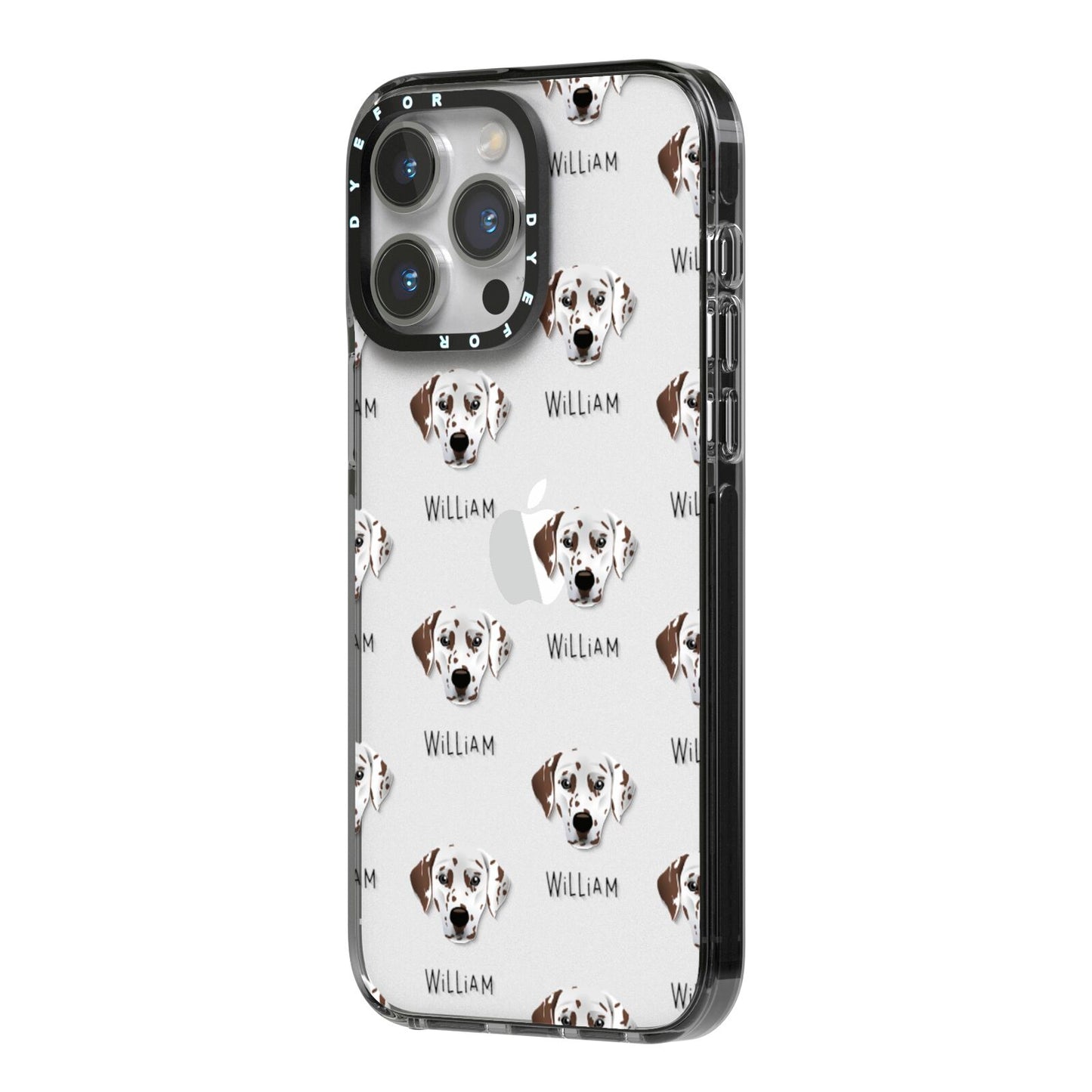 Dalmatian Icon with Name iPhone 14 Pro Max Black Impact Case Side Angle on Silver phone