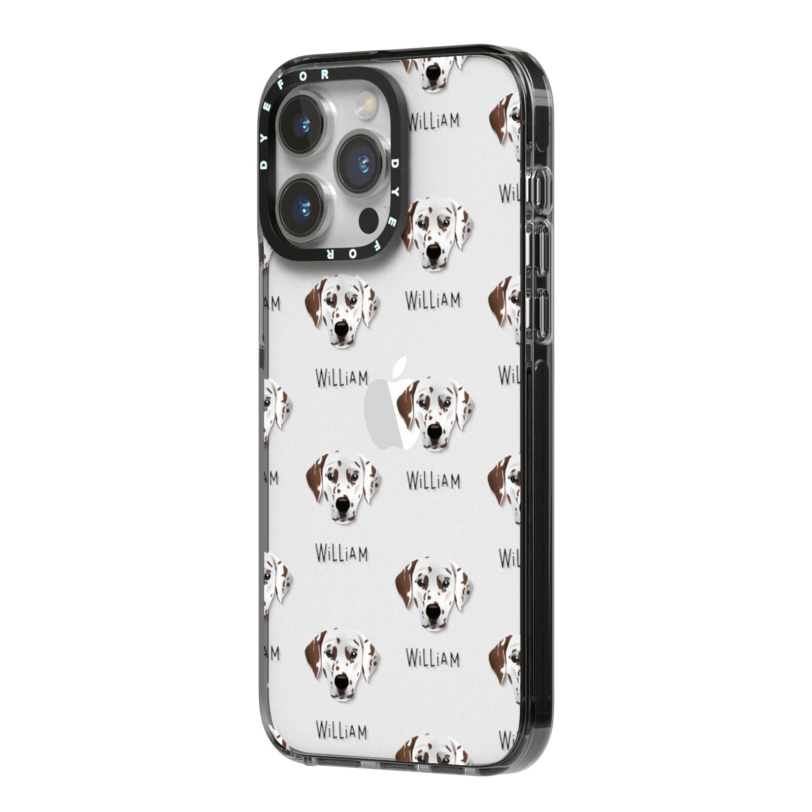 Dalmatian Icon with Name iPhone 14 Pro Max Black Impact Case Side Angle on Silver phone