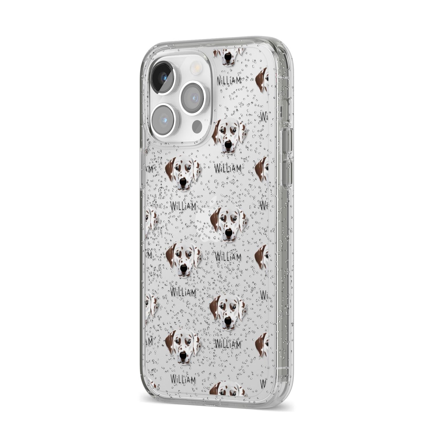 Dalmatian Icon with Name iPhone 14 Pro Max Glitter Tough Case Silver Angled Image