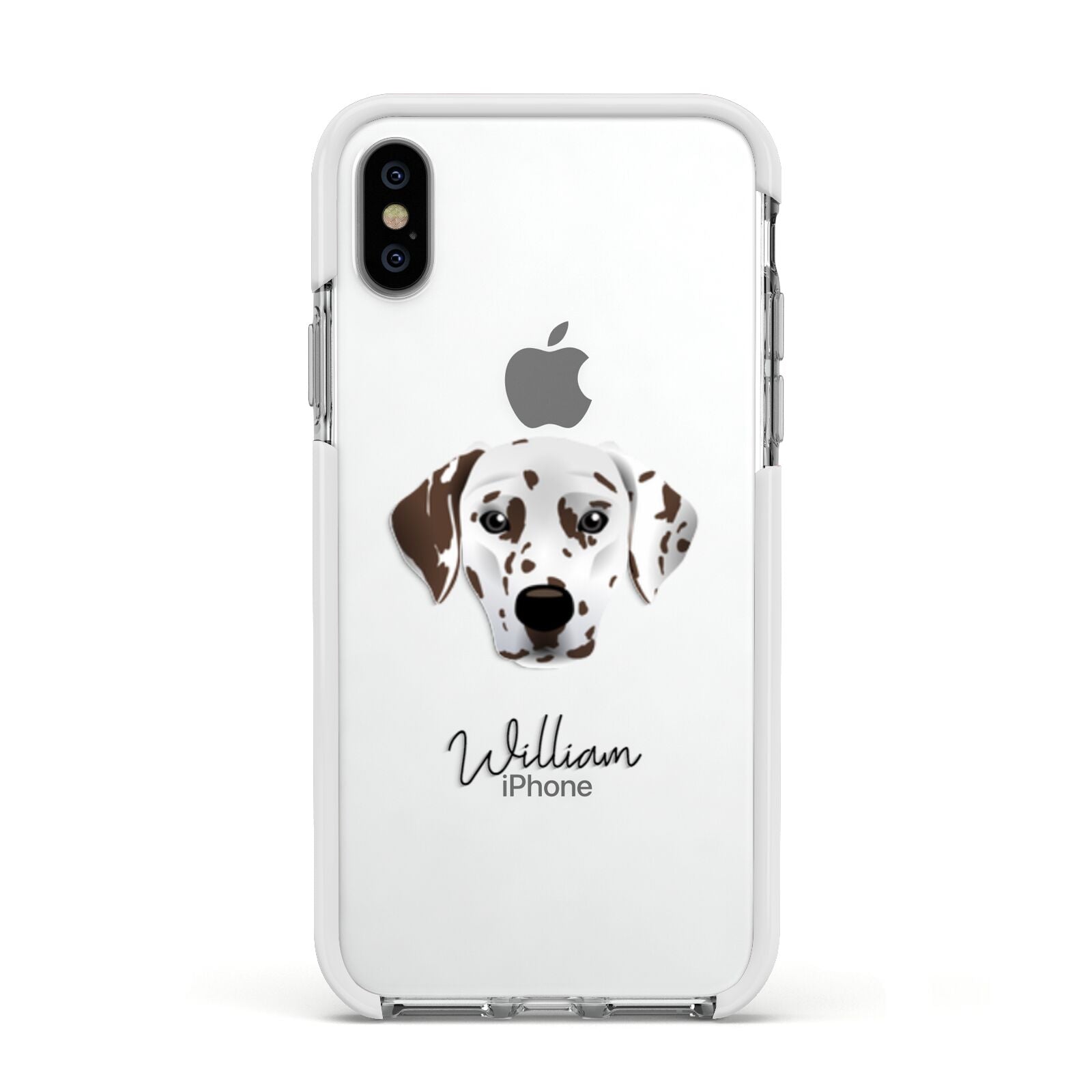 Dalmatian Personalised Apple iPhone Xs Impact Case White Edge on Silver Phone