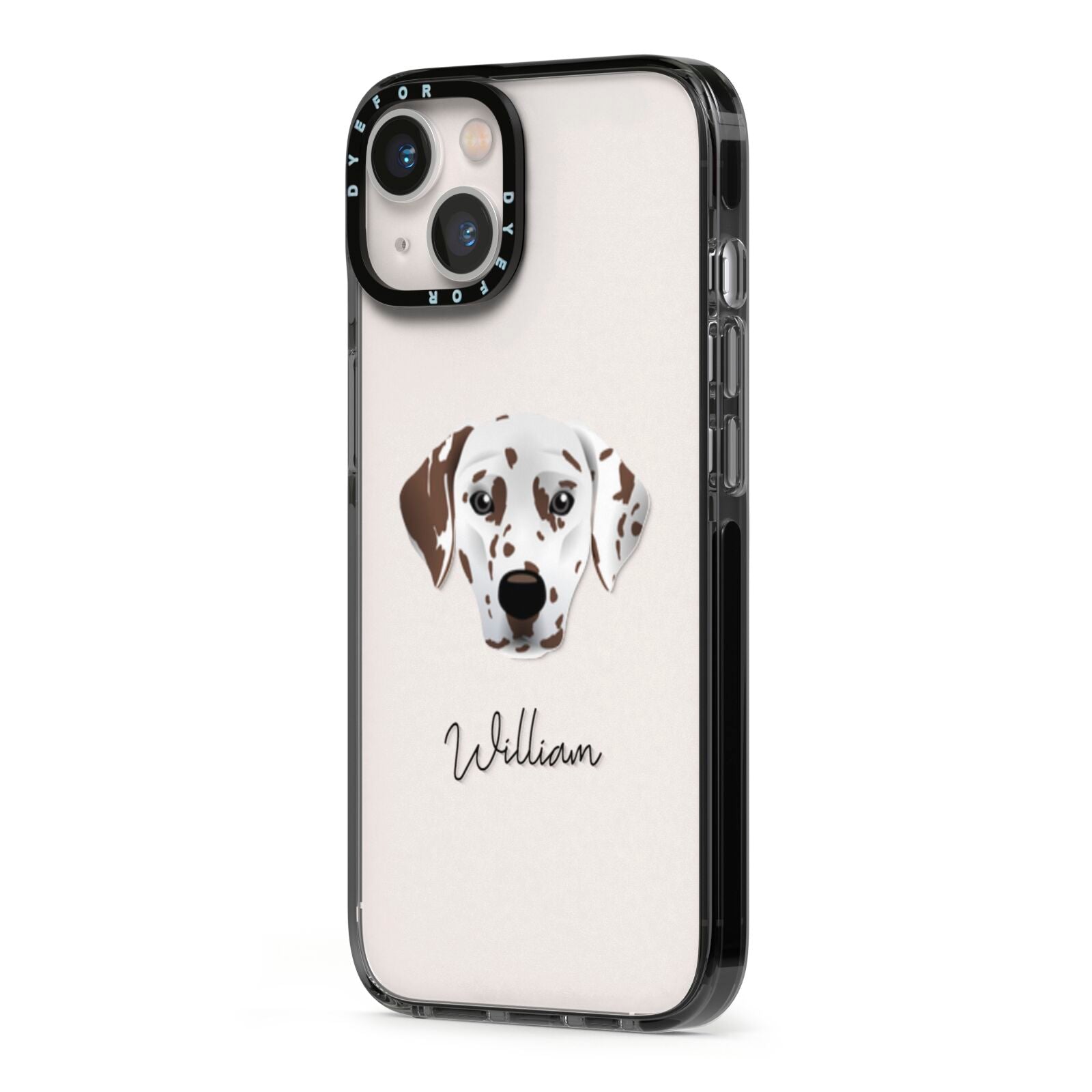 Dalmatian Personalised iPhone 13 Black Impact Case Side Angle on Silver phone