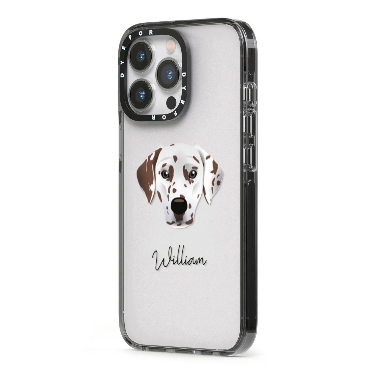 Dalmatian Personalised iPhone 13 Pro Black Impact Case Side Angle on Silver phone