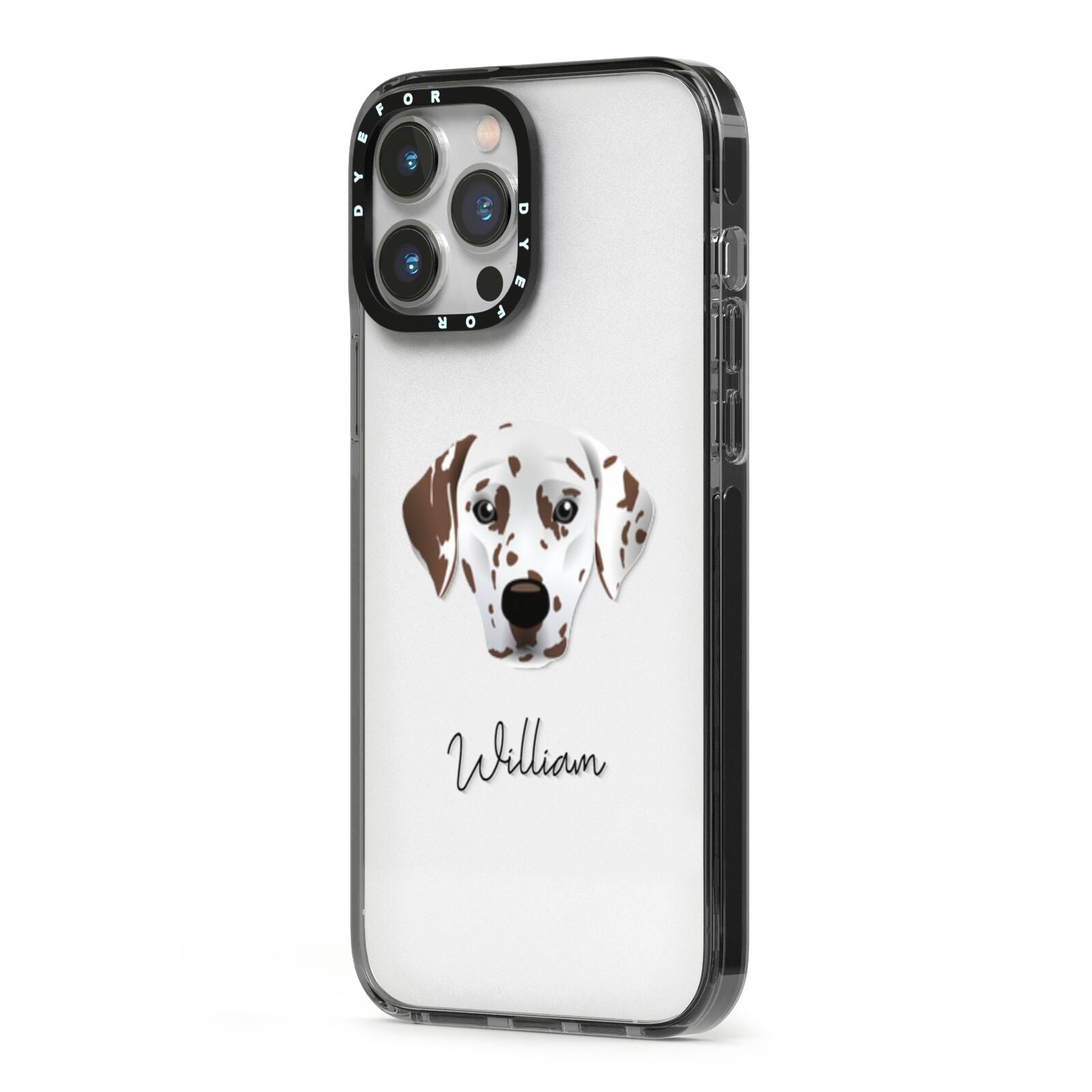 Dalmatian Personalised iPhone 13 Pro Max Black Impact Case Side Angle on Silver phone