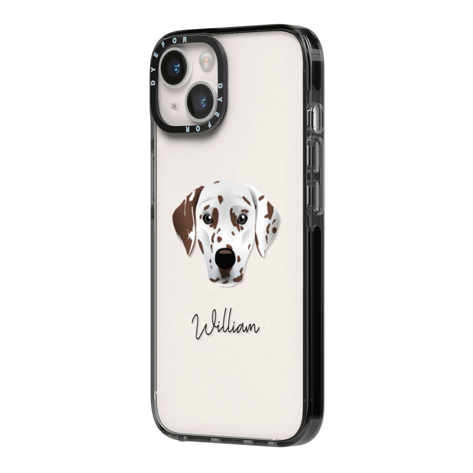 Dalmatian Personalised iPhone 14 Black Impact Case Side Angle on Silver phone