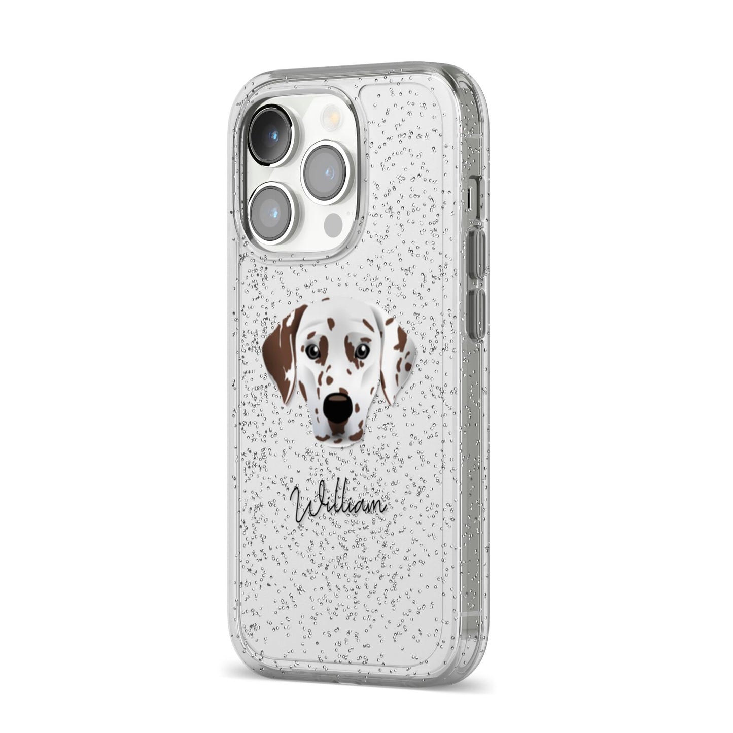 Dalmatian Personalised iPhone 14 Pro Glitter Tough Case Silver Angled Image