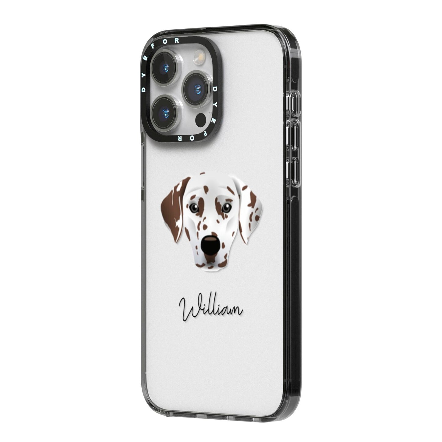 Dalmatian Personalised iPhone 14 Pro Max Black Impact Case Side Angle on Silver phone