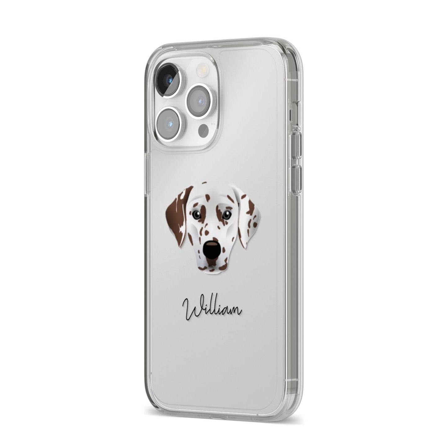 Dalmatian Personalised iPhone 14 Pro Max Clear Tough Case Silver Angled Image