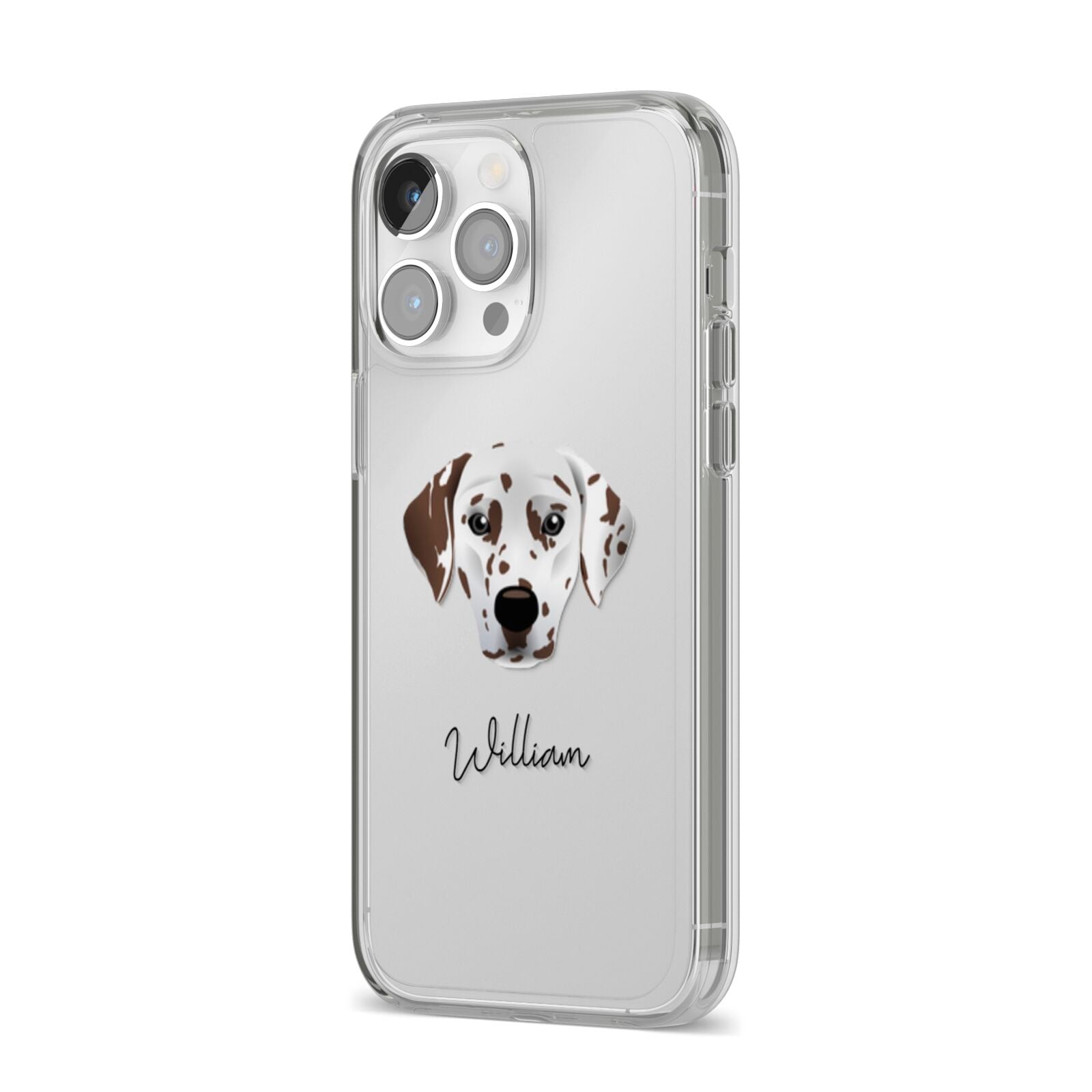 Dalmatian Personalised iPhone 14 Pro Max Clear Tough Case Silver Angled Image