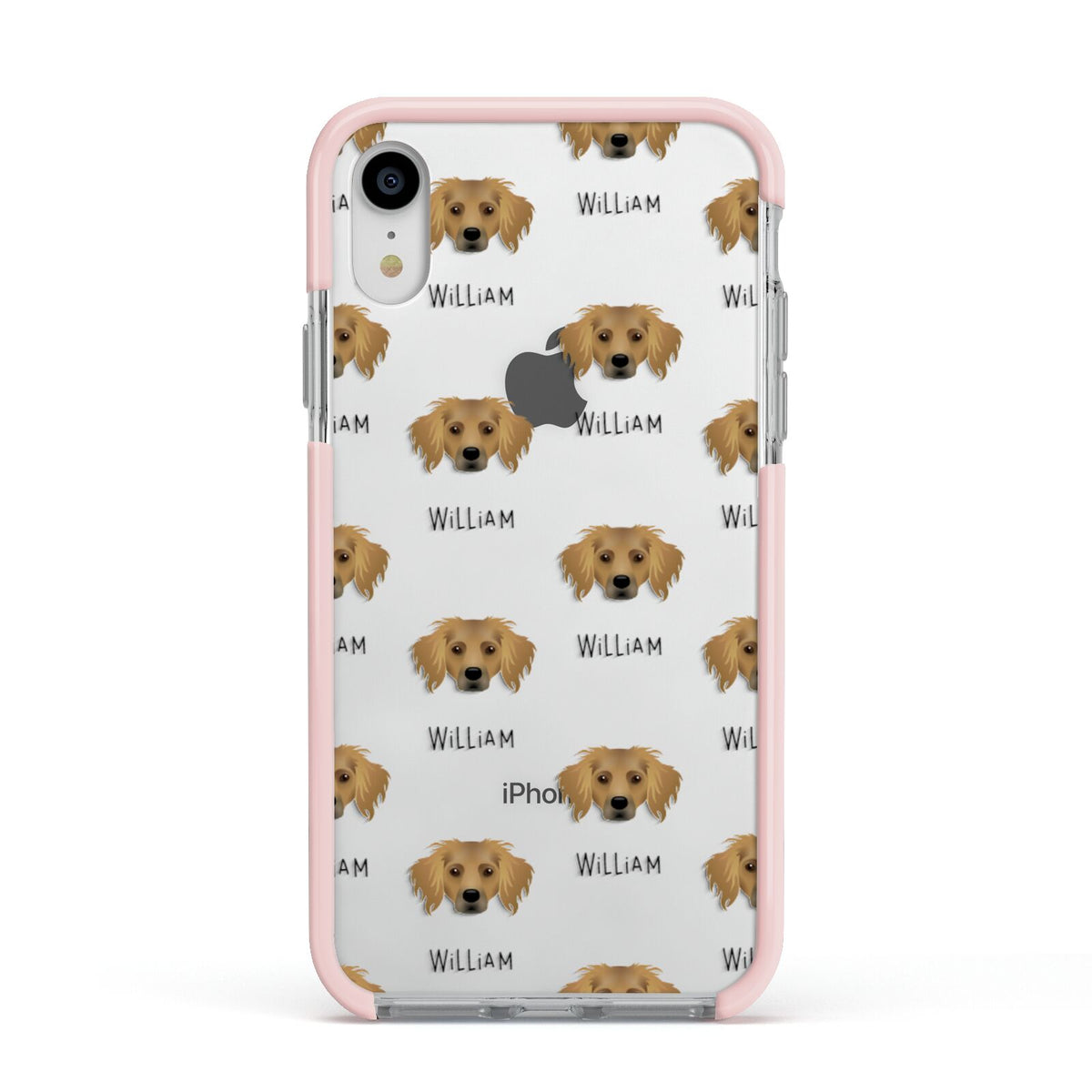 Dameranian Icon with Name Apple iPhone XR Impact Case Pink Edge on Silver Phone