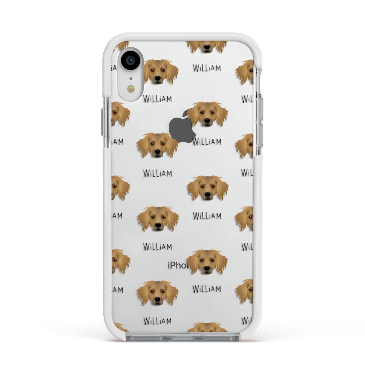 Dameranian Icon with Name Apple iPhone XR Impact Case White Edge on Silver Phone