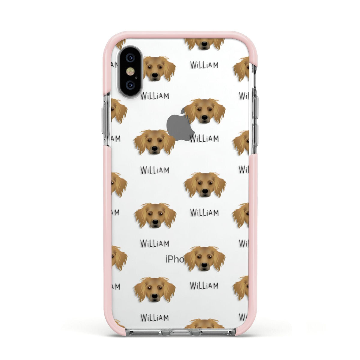 Dameranian Icon with Name Apple iPhone Xs Impact Case Pink Edge on Silver Phone
