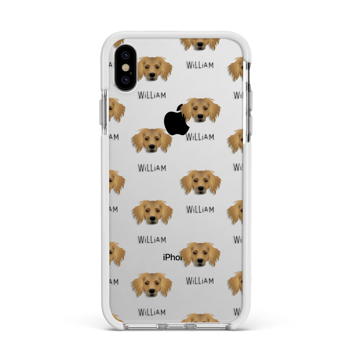 Dameranian Icon with Name Apple iPhone Xs Max Impact Case White Edge on Silver Phone