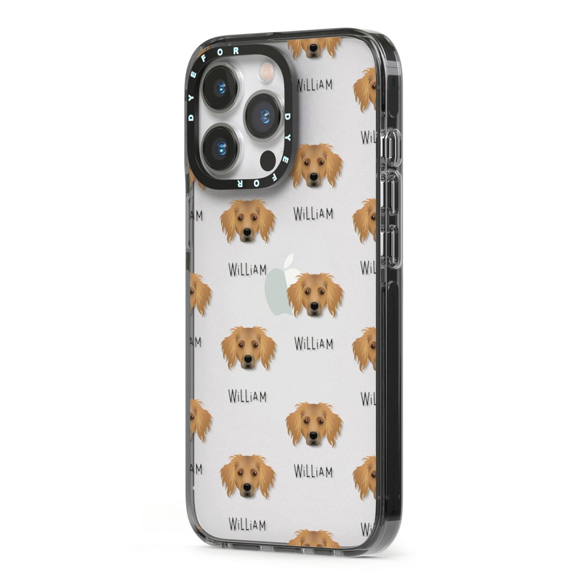 Dameranian Icon with Name iPhone 13 Pro Black Impact Case Side Angle on Silver phone