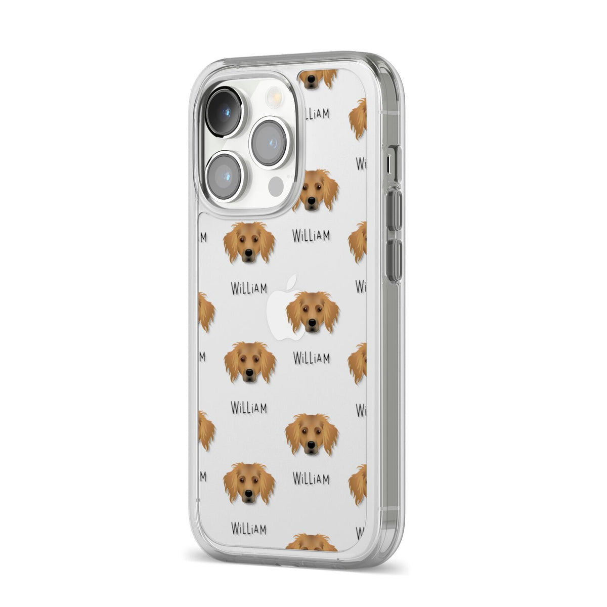 Dameranian Icon with Name iPhone 14 Pro Clear Tough Case Silver Angled Image