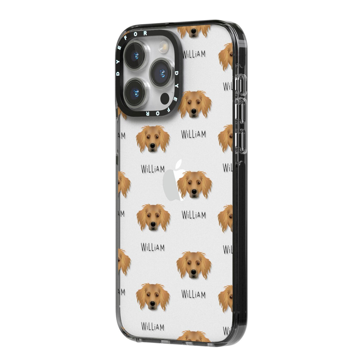 Dameranian Icon with Name iPhone 14 Pro Max Black Impact Case Side Angle on Silver phone