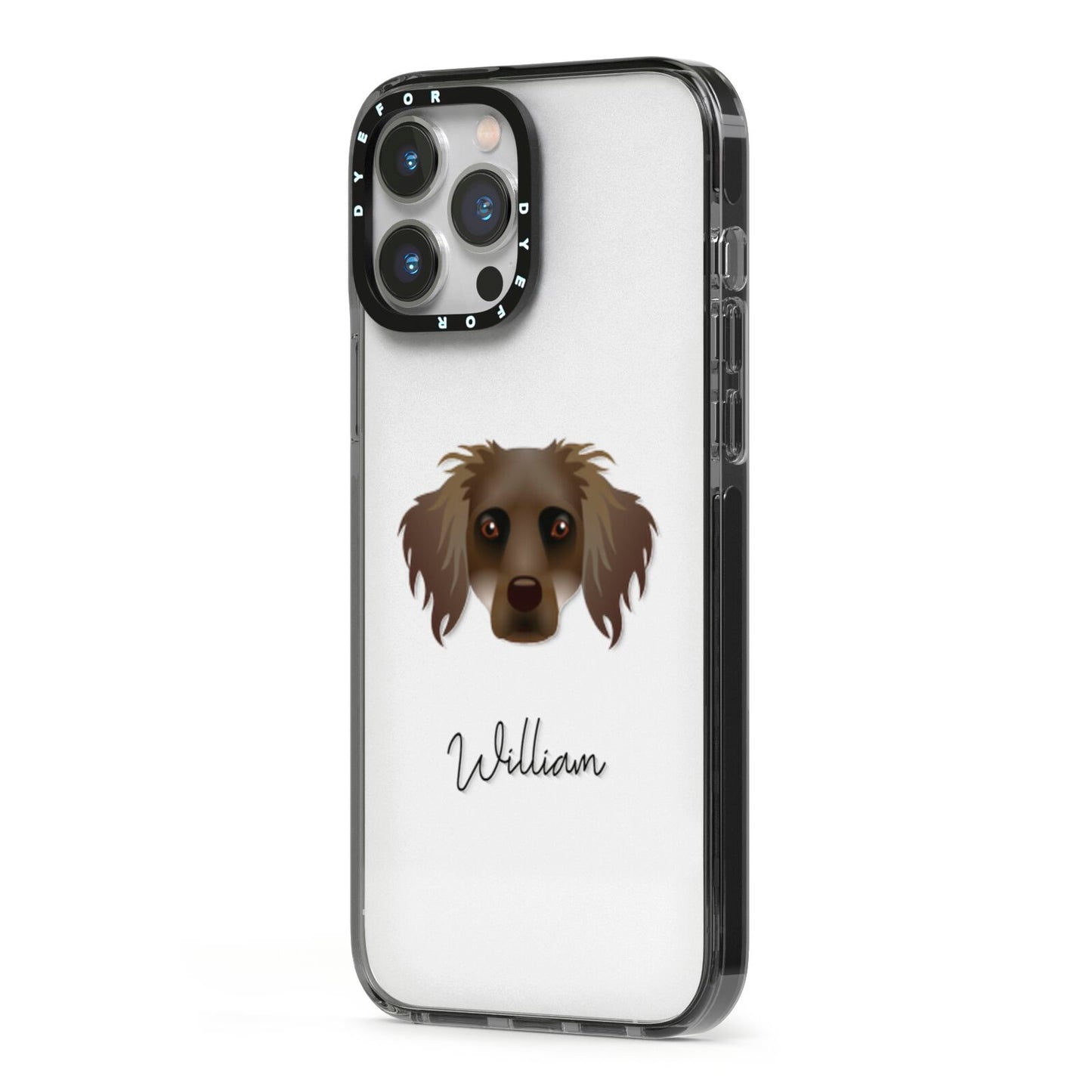Dameranian Personalised iPhone 13 Pro Max Black Impact Case Side Angle on Silver phone