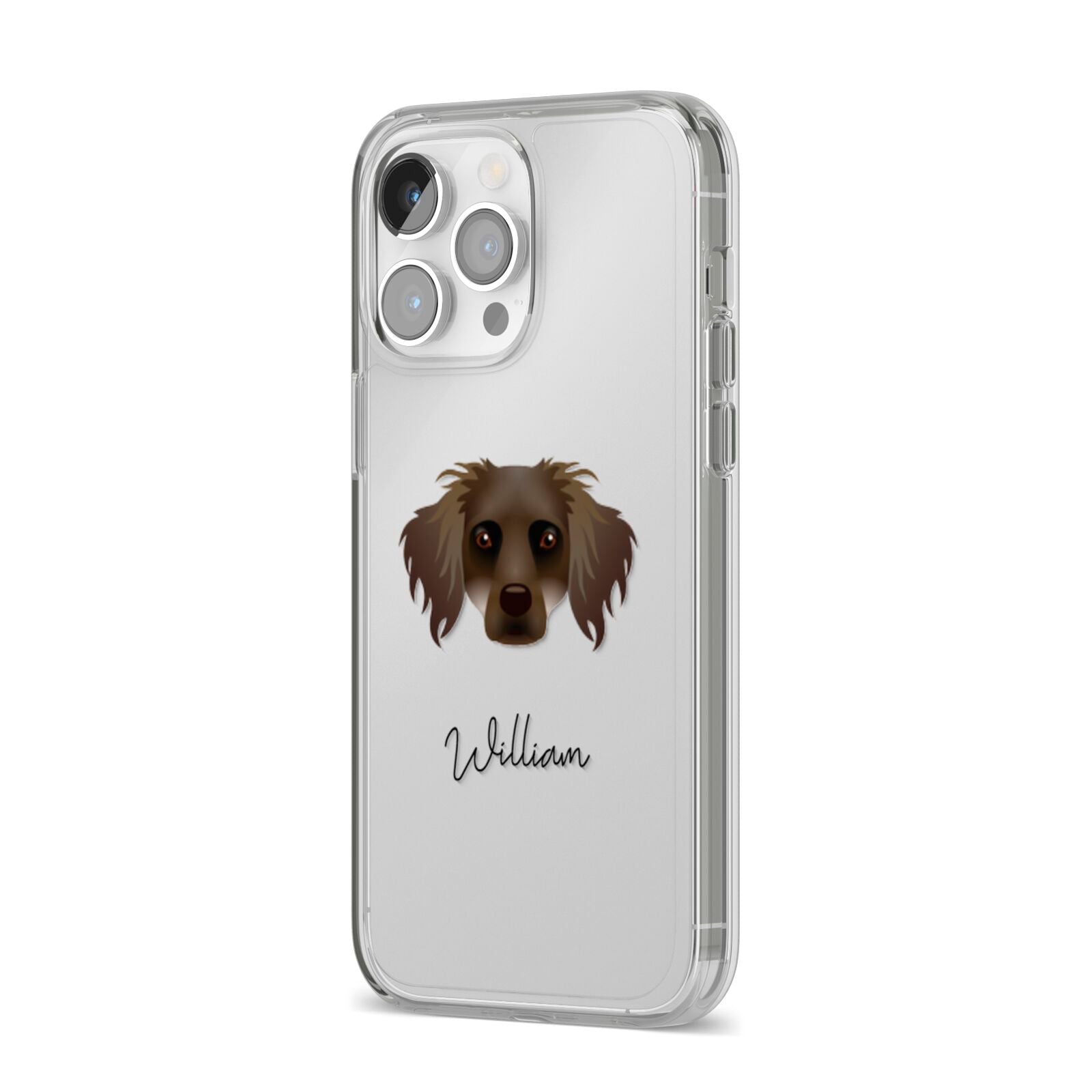 Dameranian Personalised iPhone 14 Pro Max Clear Tough Case Silver Angled Image
