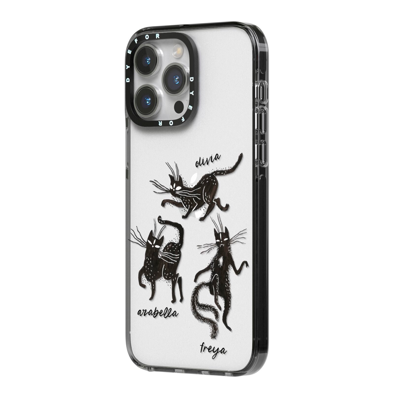 Dancing Cats Halloween iPhone 14 Pro Max Black Impact Case Side Angle on Silver phone